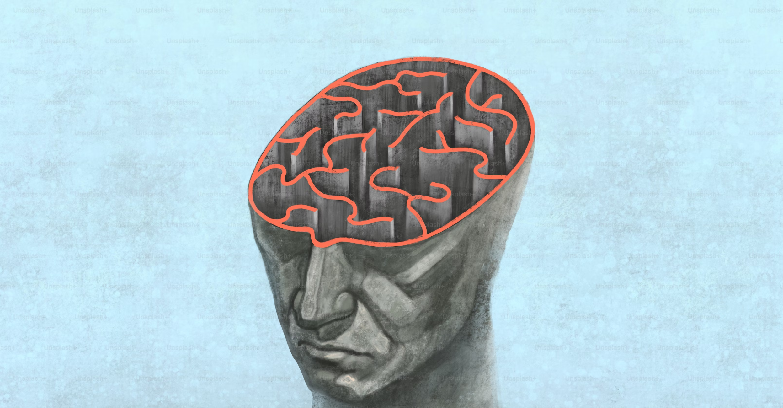 An illustration of a head with a maze in place of a brain